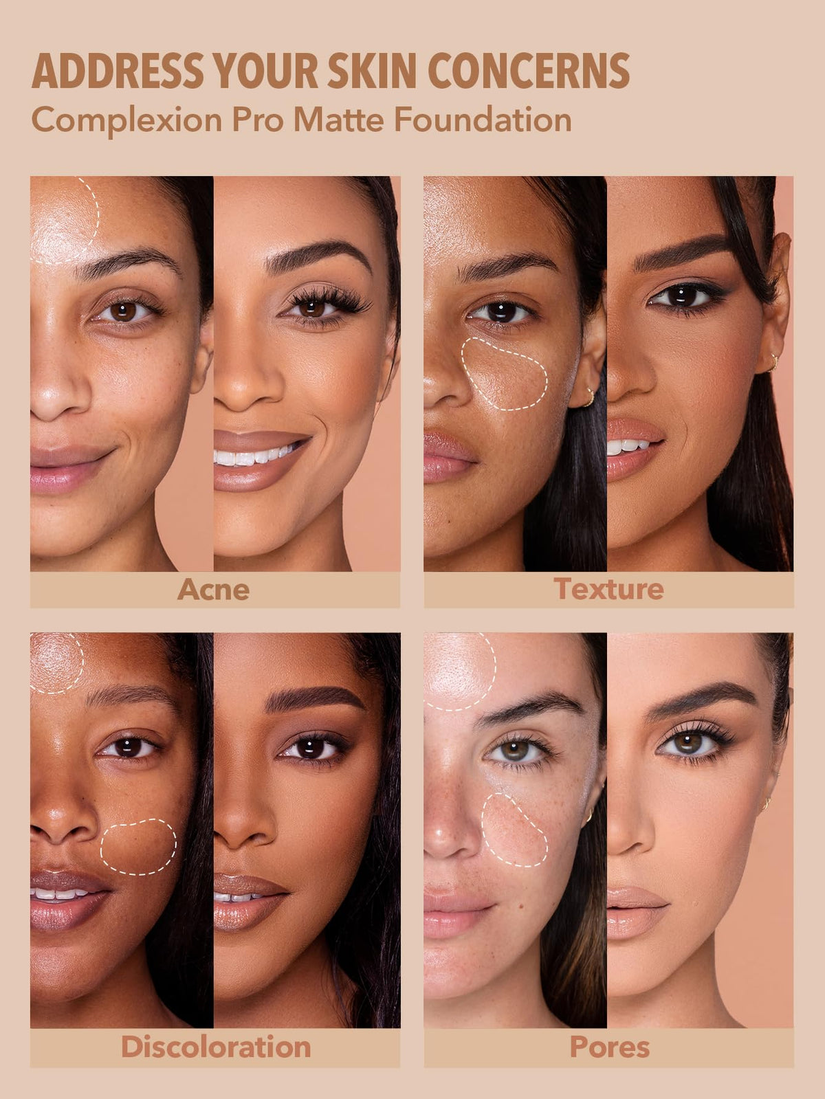 SHEGLAM before and after face image illustrating concealment and smooth finish benefit