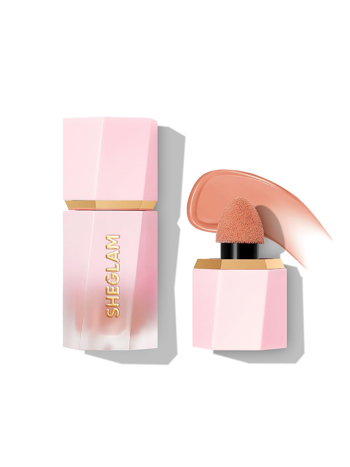 SHEGLAM front packaging showing compact blush bottle, clear product view and label benefit