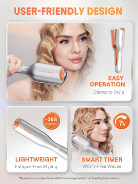 Sheglam in use on short hair demonstrating easy targeted styling and defined waves