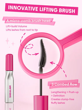 SHEGLAM before and after eye view demonstrating lifted, lengthened lash benefit