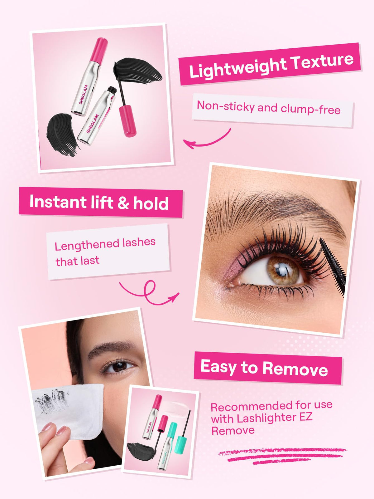 SHEGLAM label close-up highlighting peptide and jojoba ingredients for nourishment
