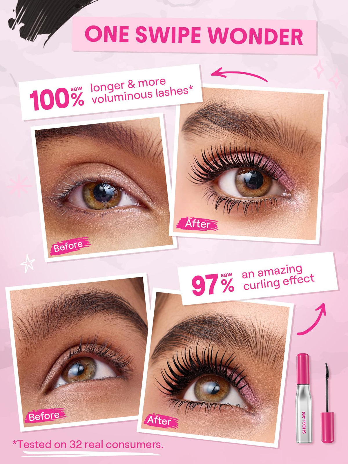 SHEGLAM wand stroke showing smooth, clump-free texture and rich black pigment