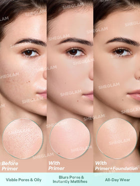 SHEGLAM primer on bathroom vanity suggesting daily routine benefit