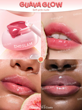 SHEGLAM lip swatch on hand showing sheer guava tint and glossy radiance