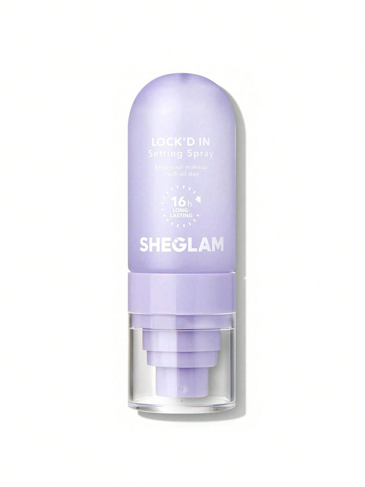 SHEGLAM front bottle view showing purple setting spray which conveys lasting hold