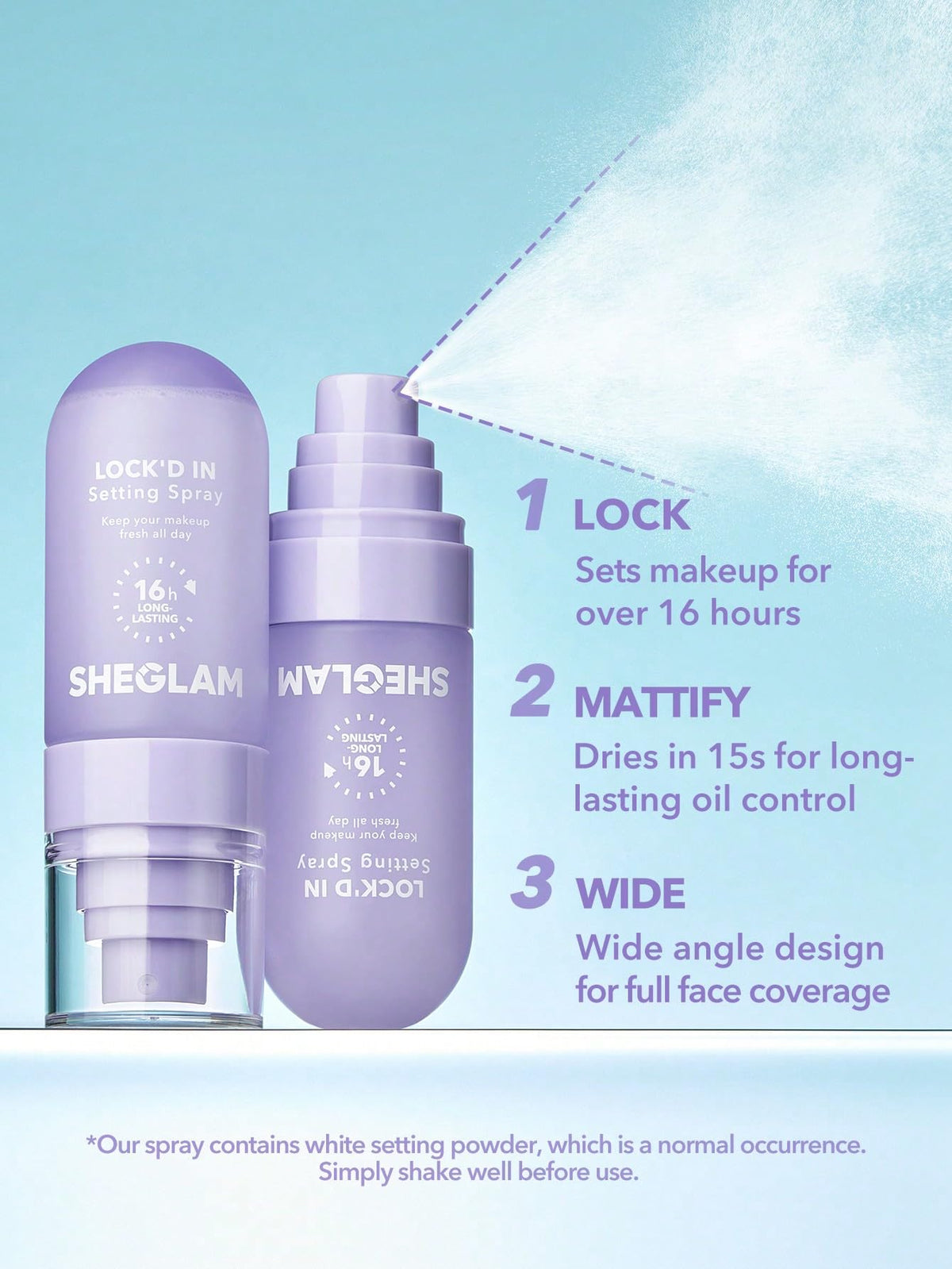 SHEGLAM bottle held in hand demonstrating travel-friendly size and control benefit