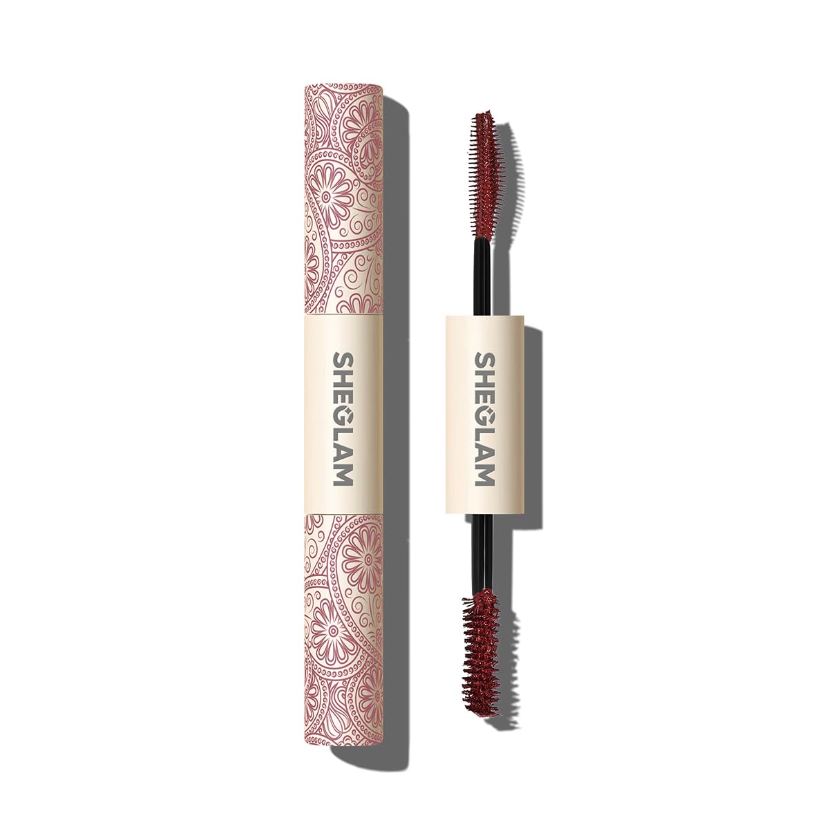 SHEGLAM burgundy mascara front packaging showing shade and benefit