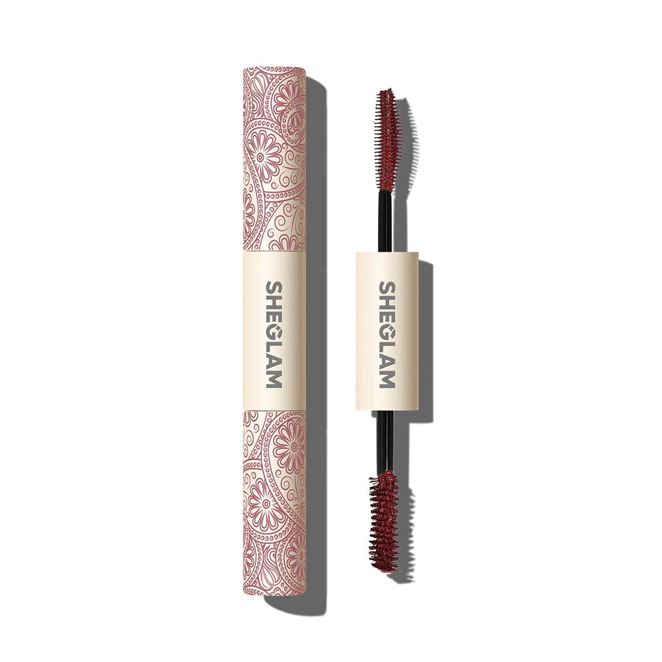SHEGLAM burgundy mascara front packaging showing shade and benefit