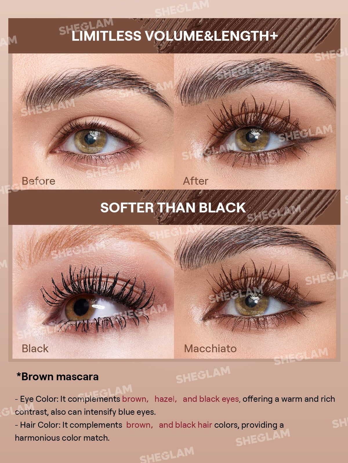 SHEGLAM mascara Macchiato curved brush wand demonstrating lift