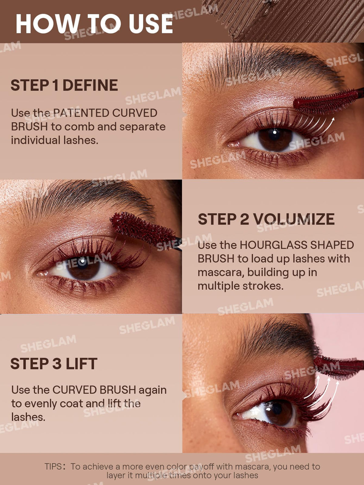 SHEGLAM mascara Macchiato wand texture close-up showing smooth application