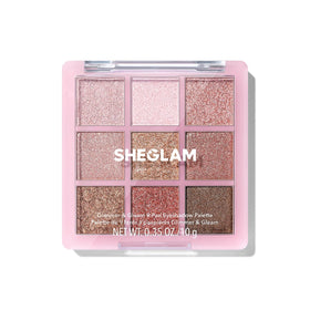 SHEGLAM palette front packaging showing nine shades and branding benefit travel-friendly