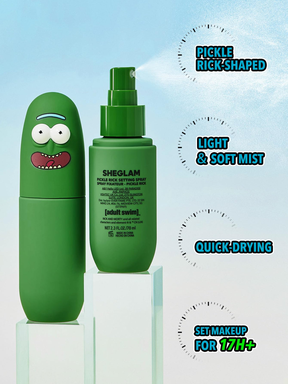 SHEGLAM Pickle Rick nozzle close-up demonstrating precise mist delivery for even coverage