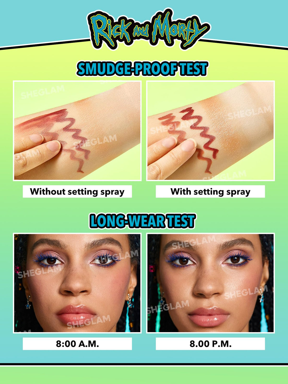 SHEGLAM Pickle Rick applied on model face illustrating refreshed, long-lasting makeup benefit