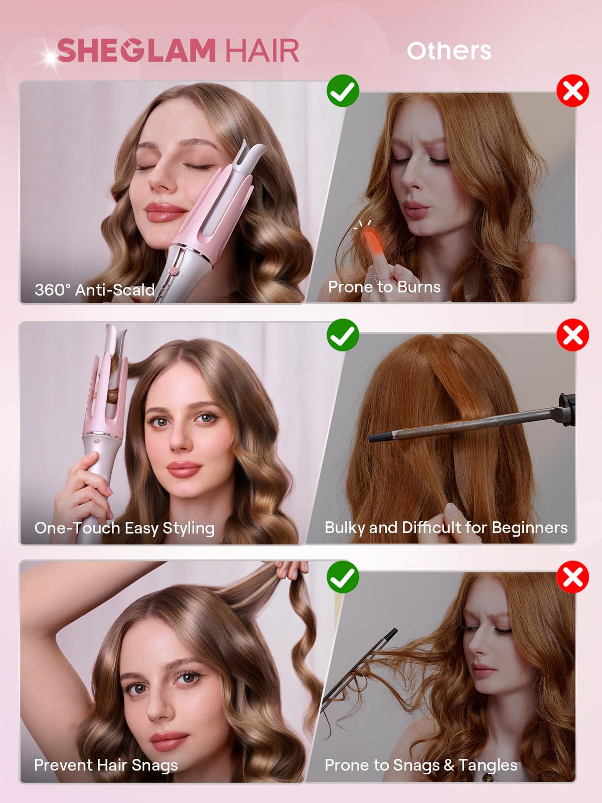 SHEGLAM curling iron held in hand illustrating compact travel size