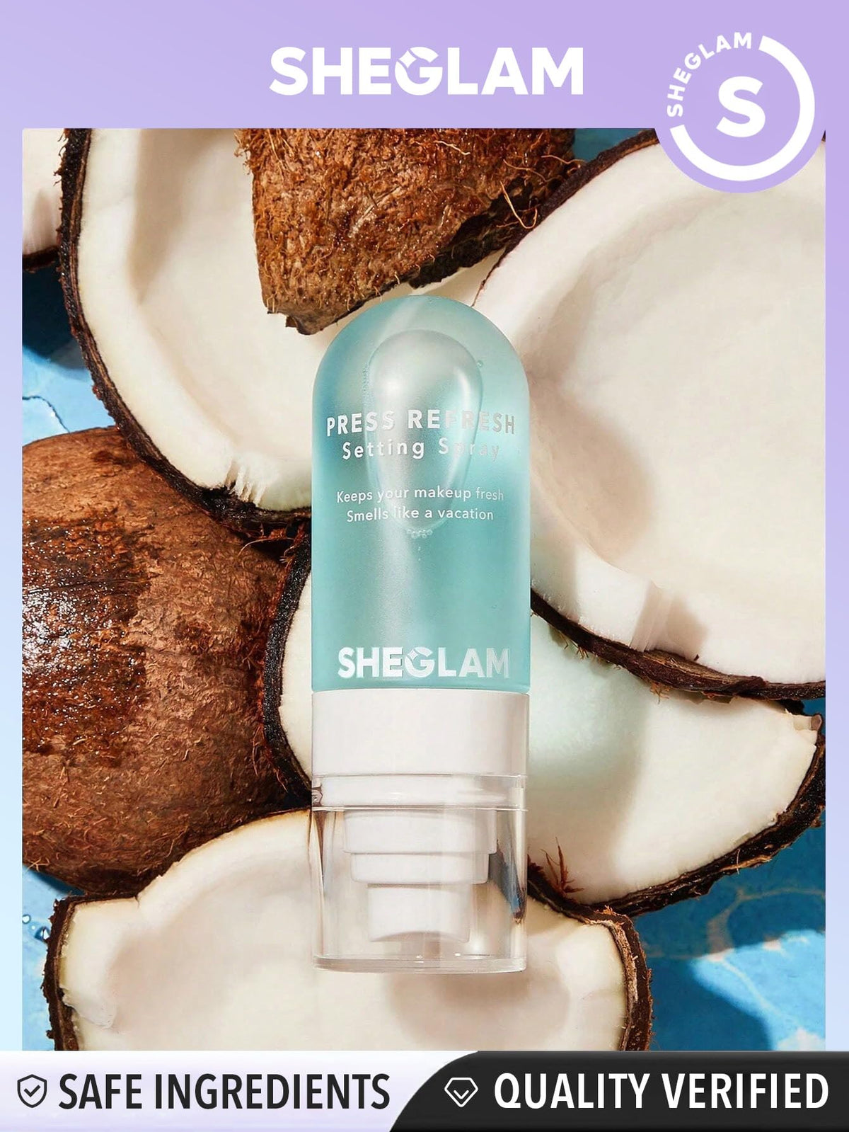 SHEGLAM ingredients label highlighting caffeine and hyaluronic acid for skin-friendly benefits