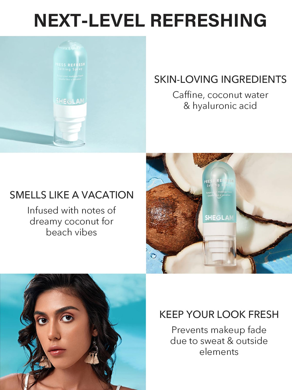 SHEGLAM nozzle close-up demonstrating fine mist for even product distribution benefit