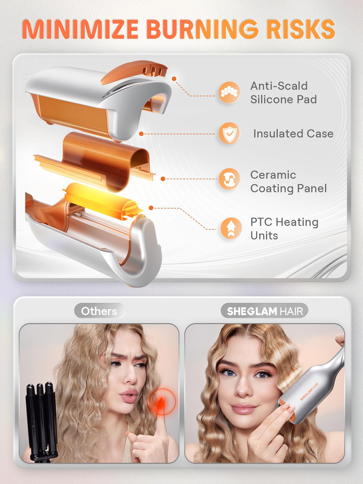 Sheglam held in hand to show scale and feather-light design for reduced arm fatigue