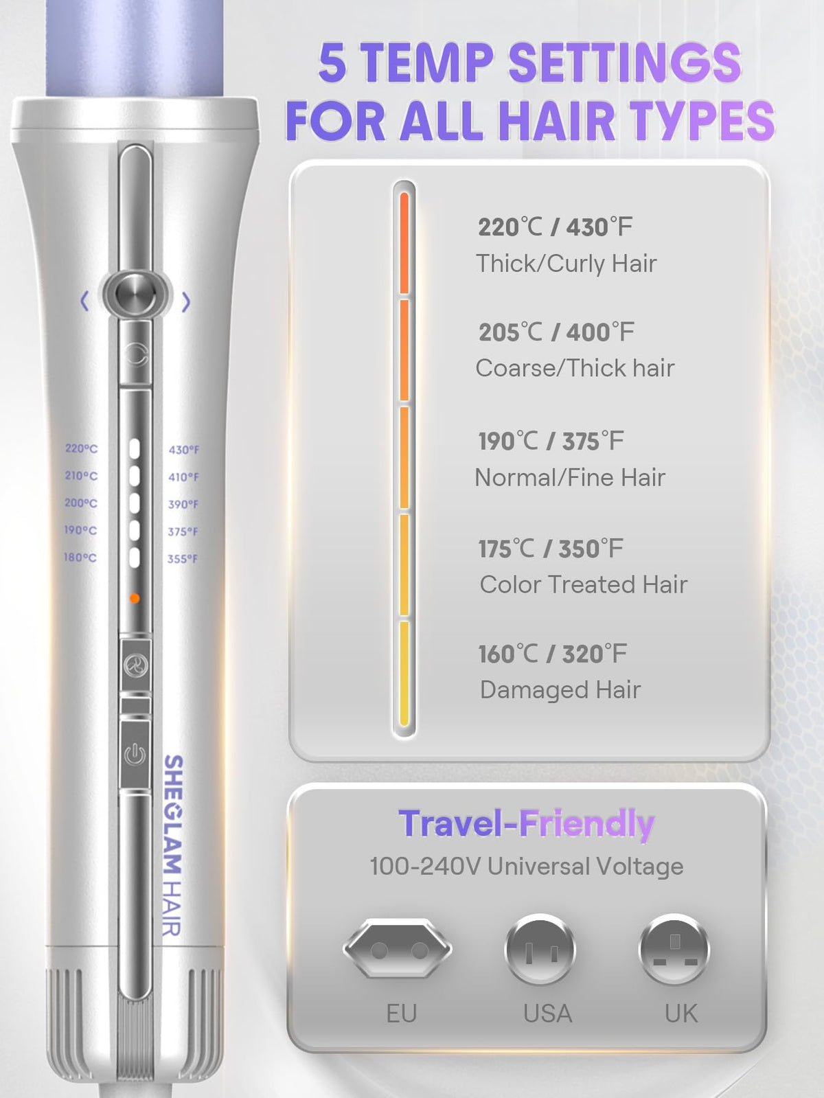 SHEGLAM styler held by hand to show compact size and one-handed operation