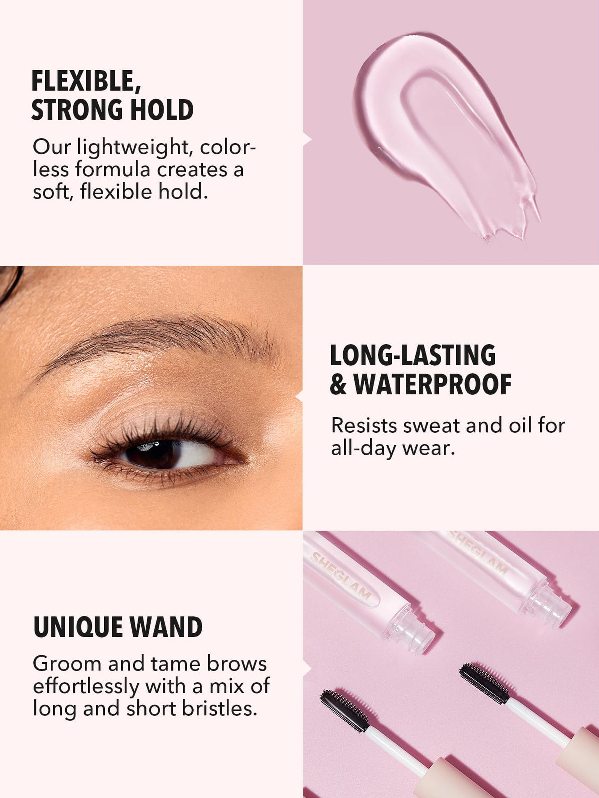 SHEGLAM applied for brushed-up brows demonstrating lifted, natural hold