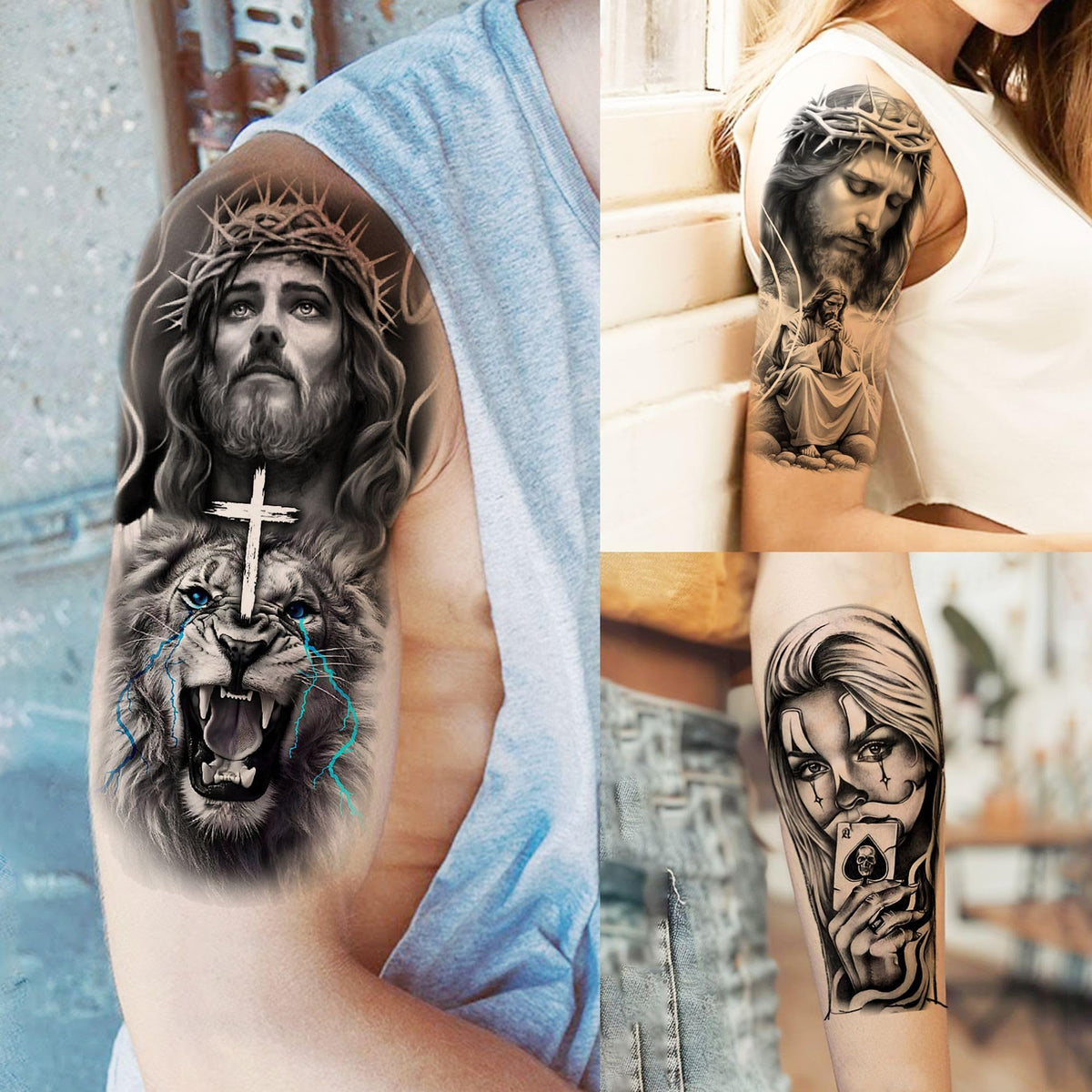 SHELYEXIEN detailed view of joker and Jesus motif tattoos highlighting bold contrast