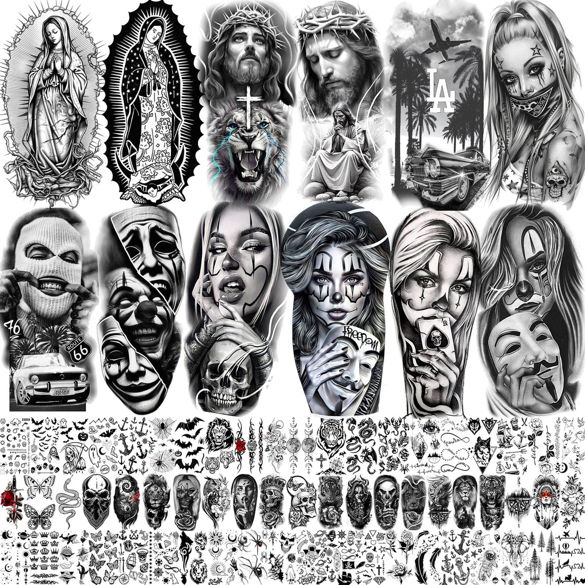 SHELYEXIEN front packaging showing 73-sheet Chicano temporary tattoo set and variety