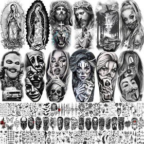 SHELYEXIEN front packaging showing 73-sheet Chicano temporary tattoo set and variety