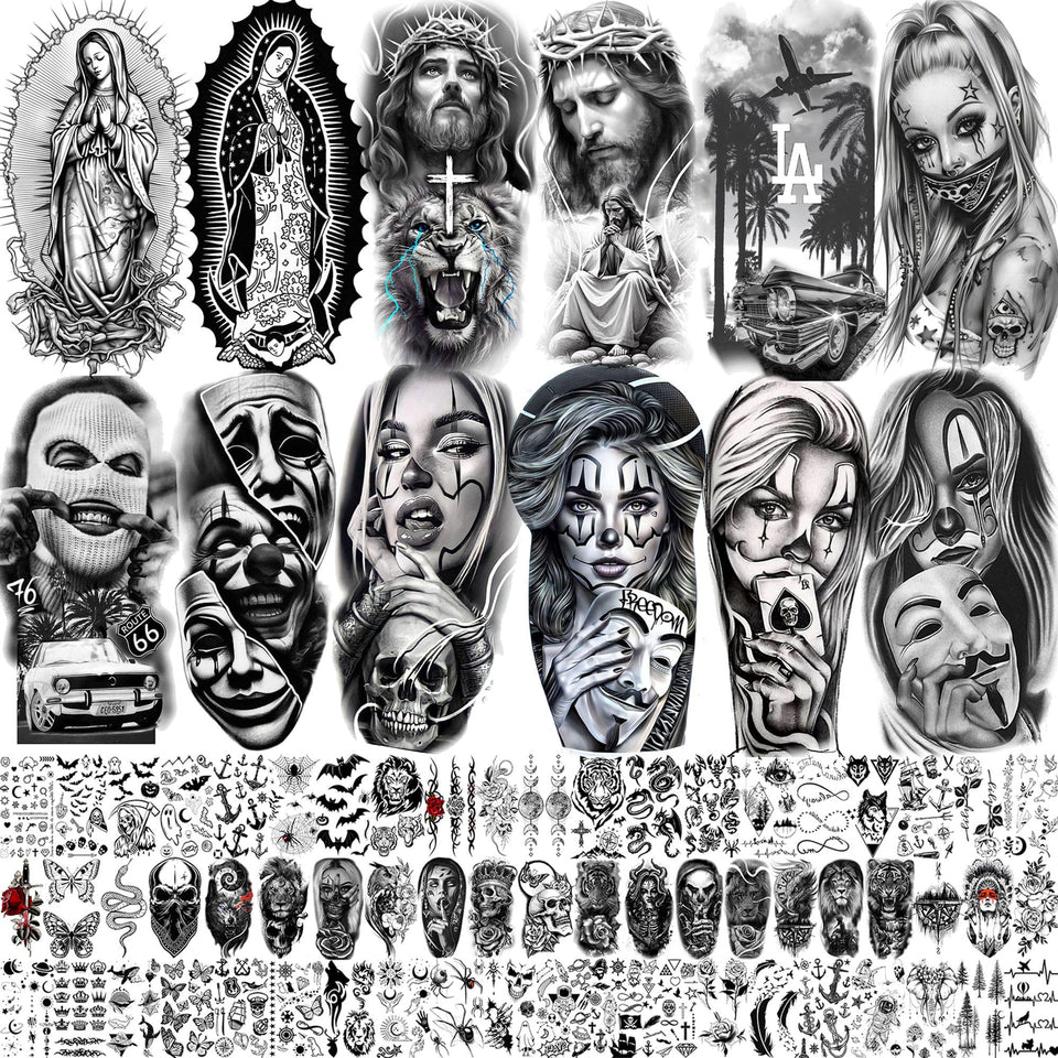 SHELYEXIEN front packaging showing 73-sheet Chicano temporary tattoo set and variety