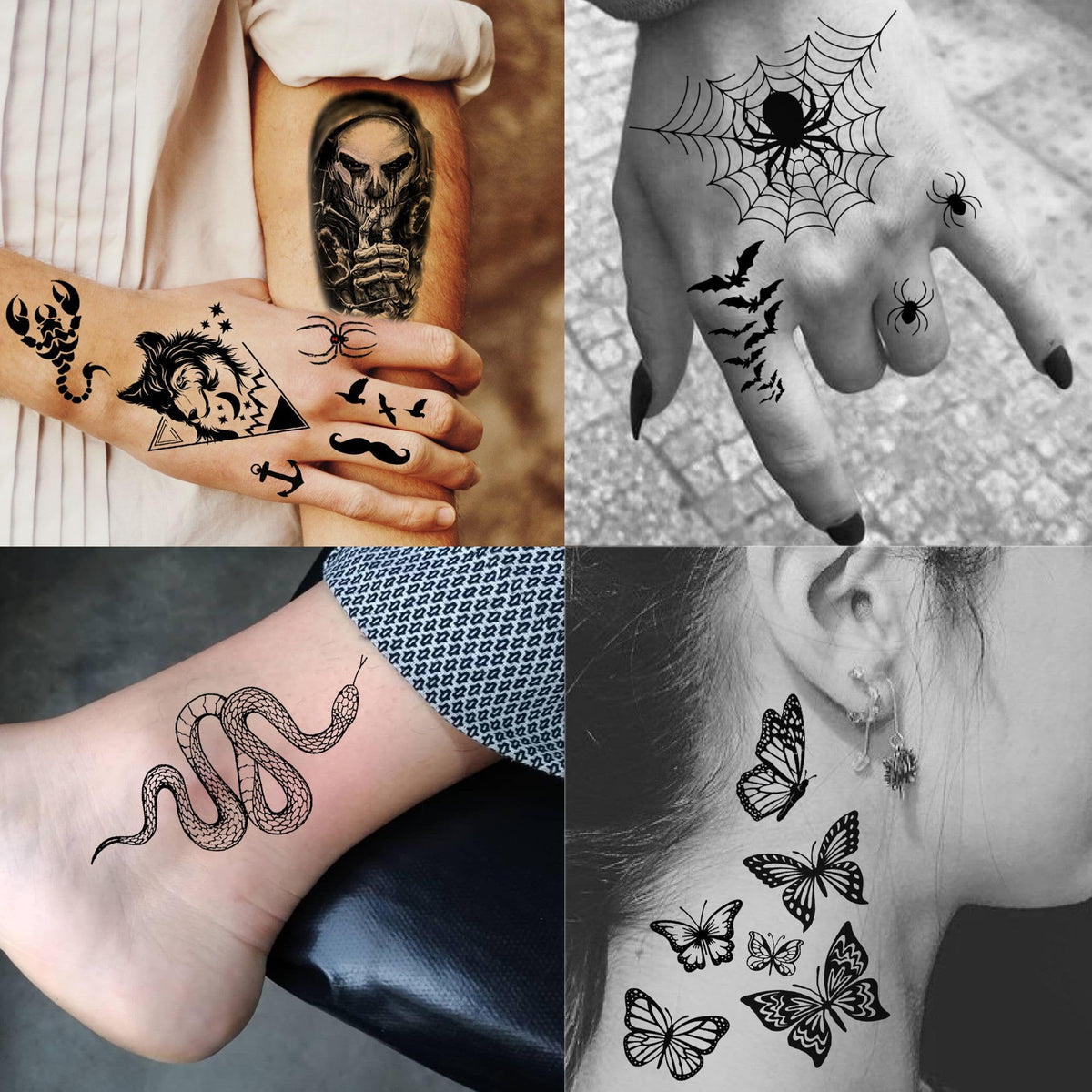 SHELYEXIEN tattoo sheet beside a hand for scale to show true-to-life sizes