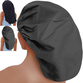 Sheomern front view of black jumbo shower cap showing full coverage and protection