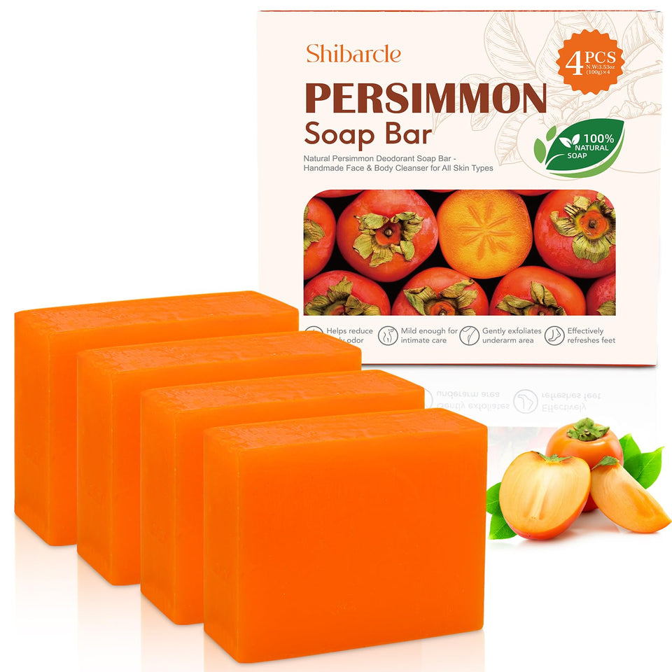 Shibarcle front packaging showing four persimmon soap bars and clear labeling benefit