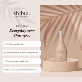 SHIBUI Everydayness pump and label detail highlighting ingredients and color-care features