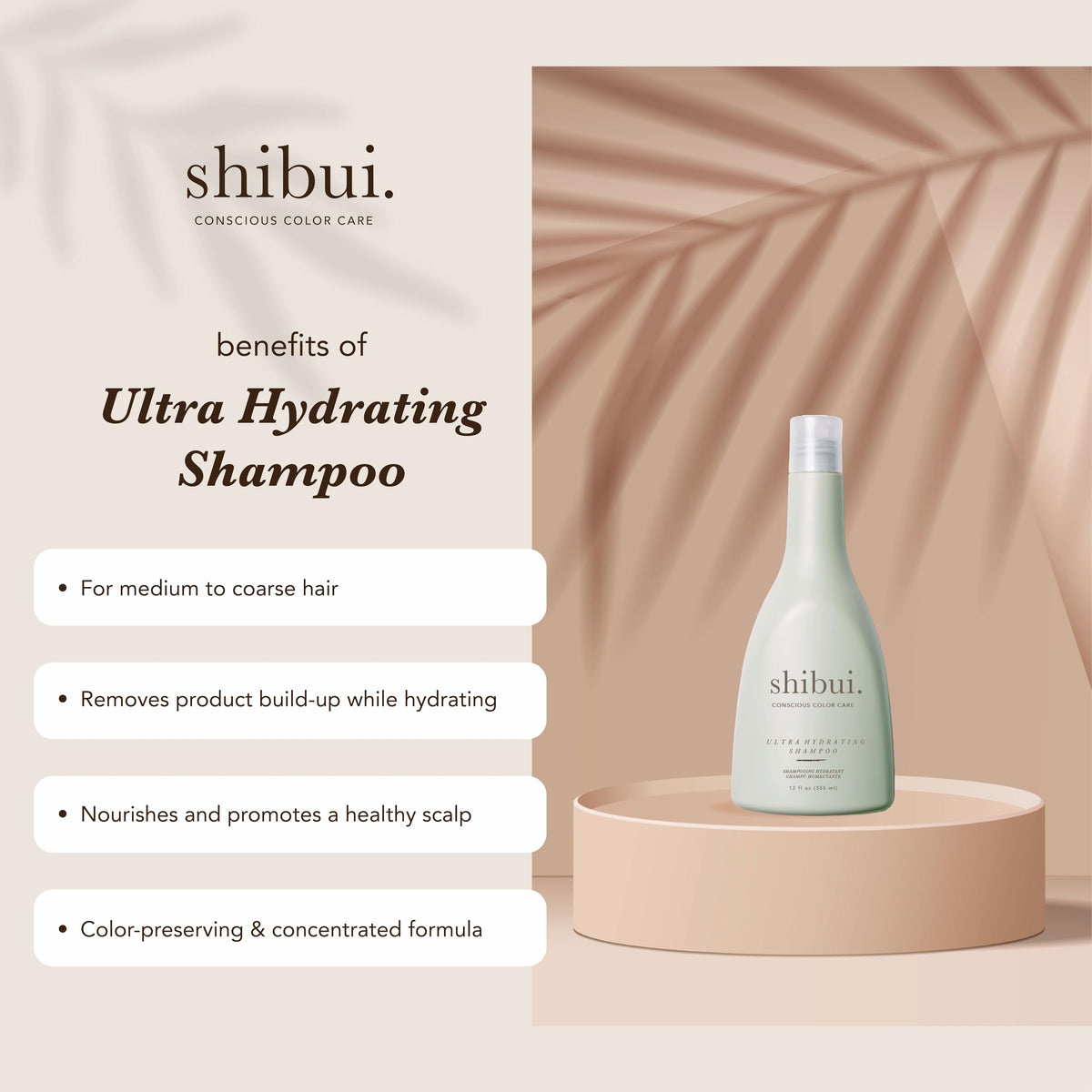 SHIBUI close-up of pump and label emphasizing clean ingredients and color care