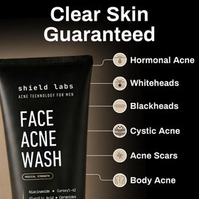 Shield face acne wash ingredients label displaying niacinamide and ceramides