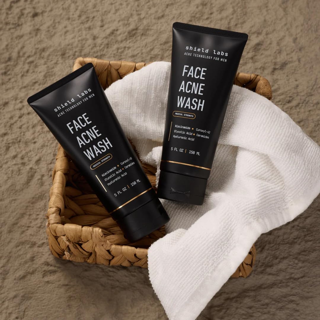 Shield face acne wash packaging with ingredient cards emphasizing tested formula