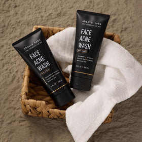 Shield face acne wash packaging with ingredient cards emphasizing tested formula