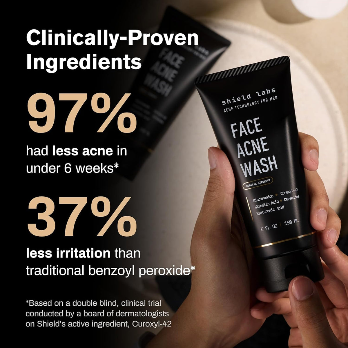 Shield face acne wash foam texture close-up showing gentle cleansing action