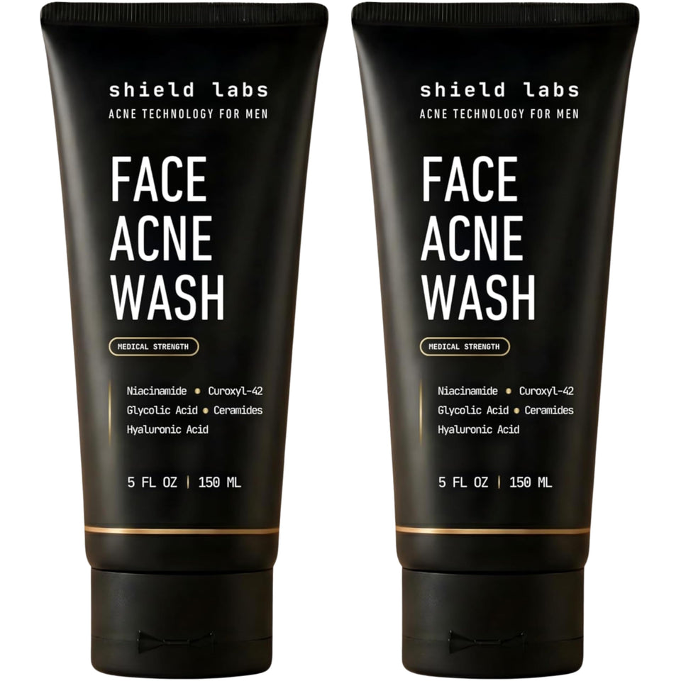 Shield front packaging showing unscented acne wash and clear benefits