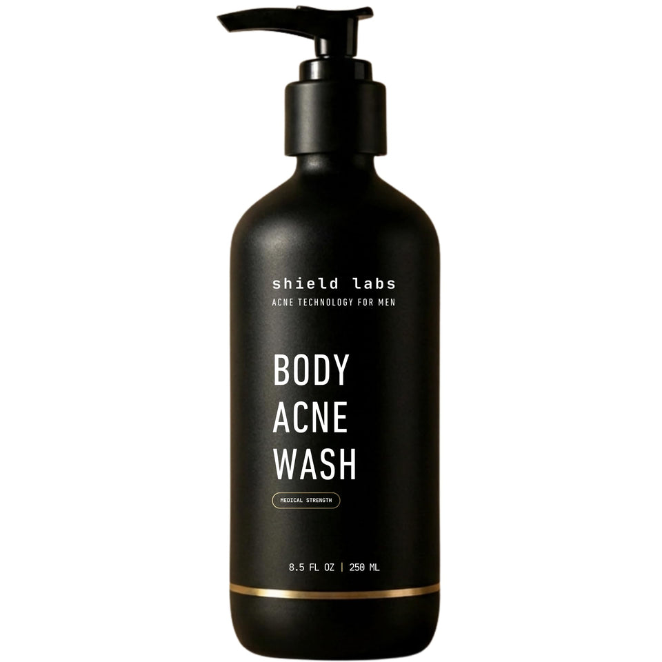 Shield front bottle showing unscented benzoyl peroxide formula, clear acne-fighting benefit