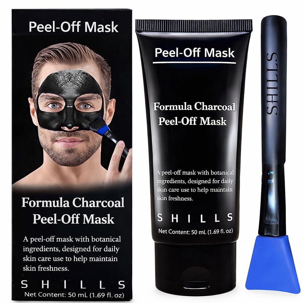 SHILLS front packaging showing charcoal mask and brush set, clear benefit of organized grooming