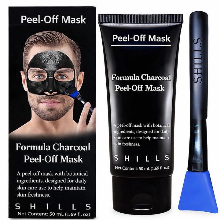 SHILLS front packaging showing charcoal mask and brush set, clear benefit of organized grooming
