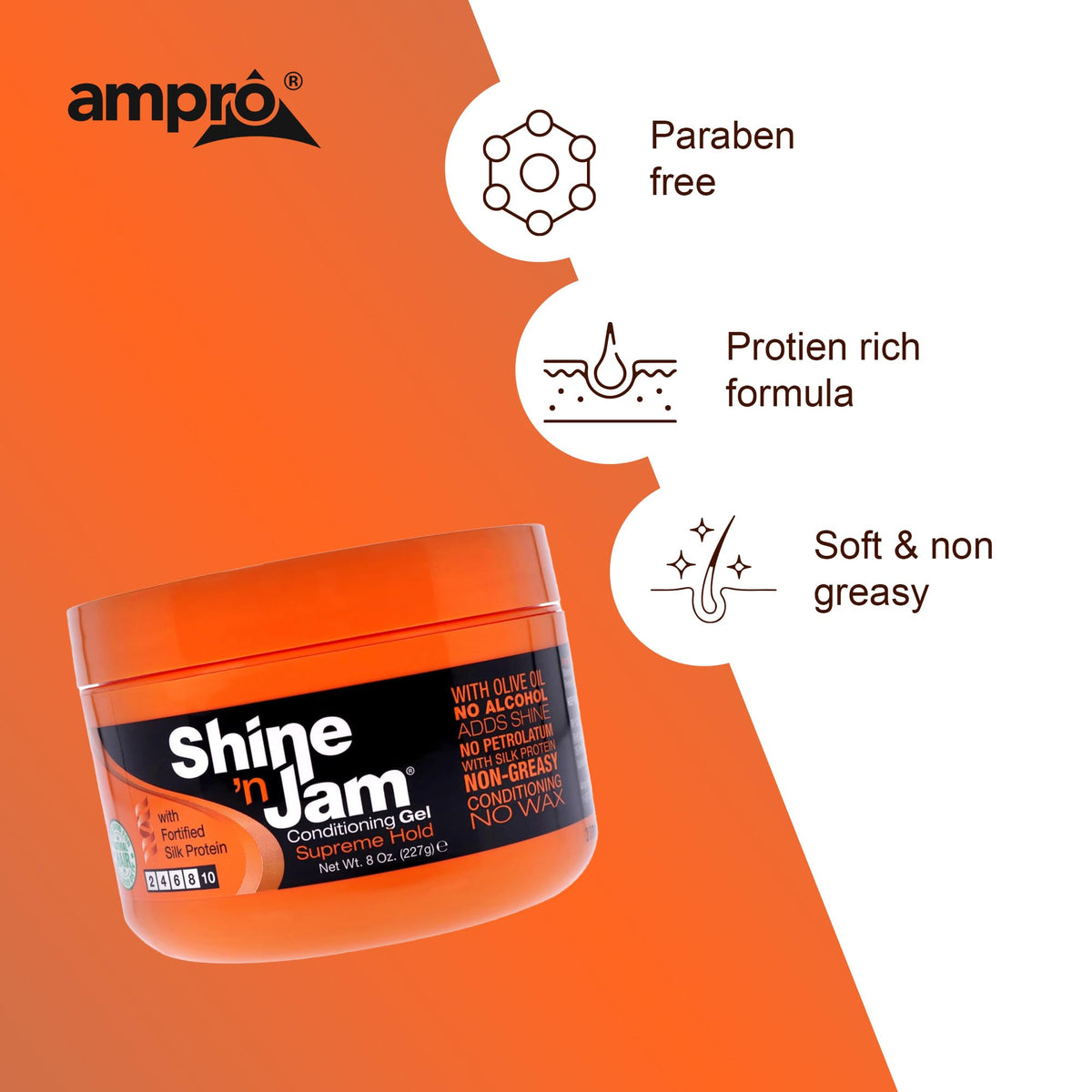 Close-up of Shine 'n Jam label highlighting olive oil and silk protein ingredients for conditioning