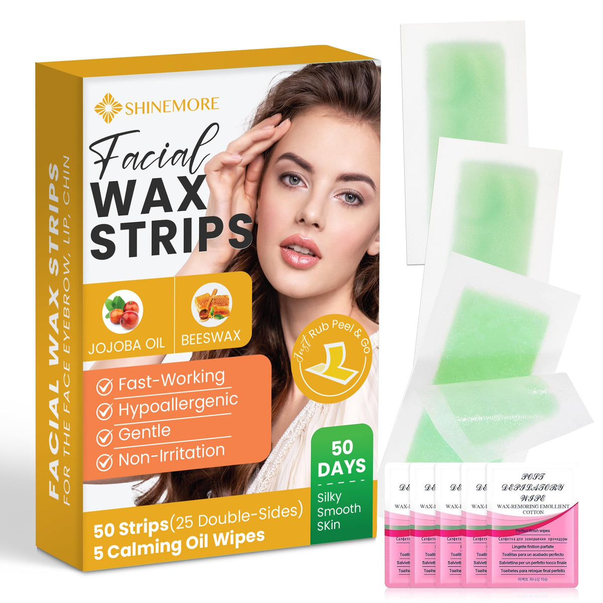 ShineMore front packaging showing count and benefits for quick at-home waxing
