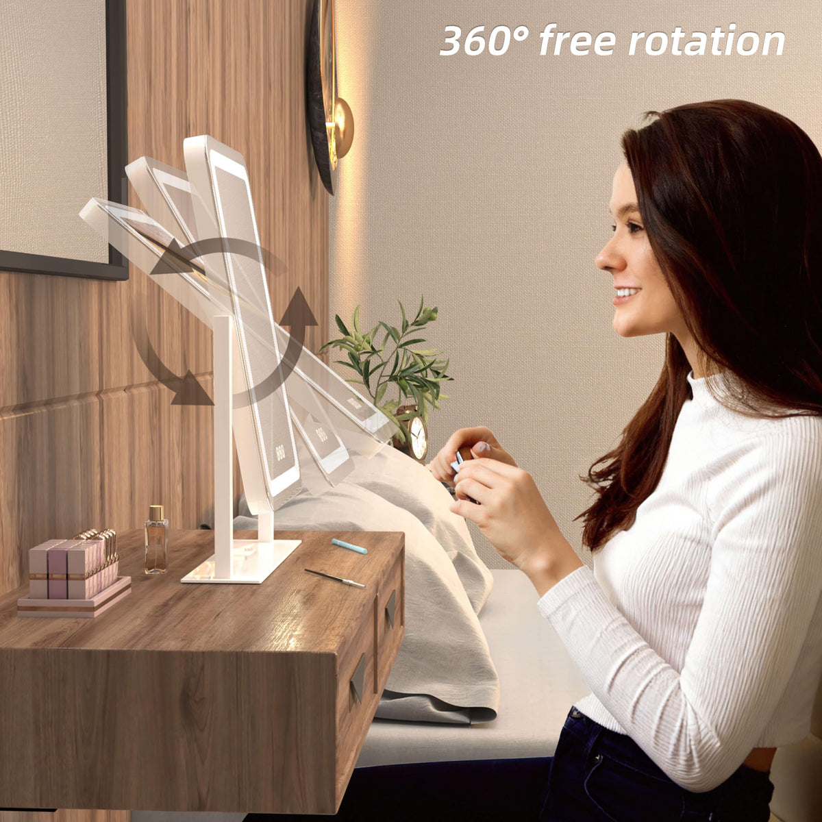 Shinerva mirror placed on a dorm desk demonstrating compact, space-saving fit