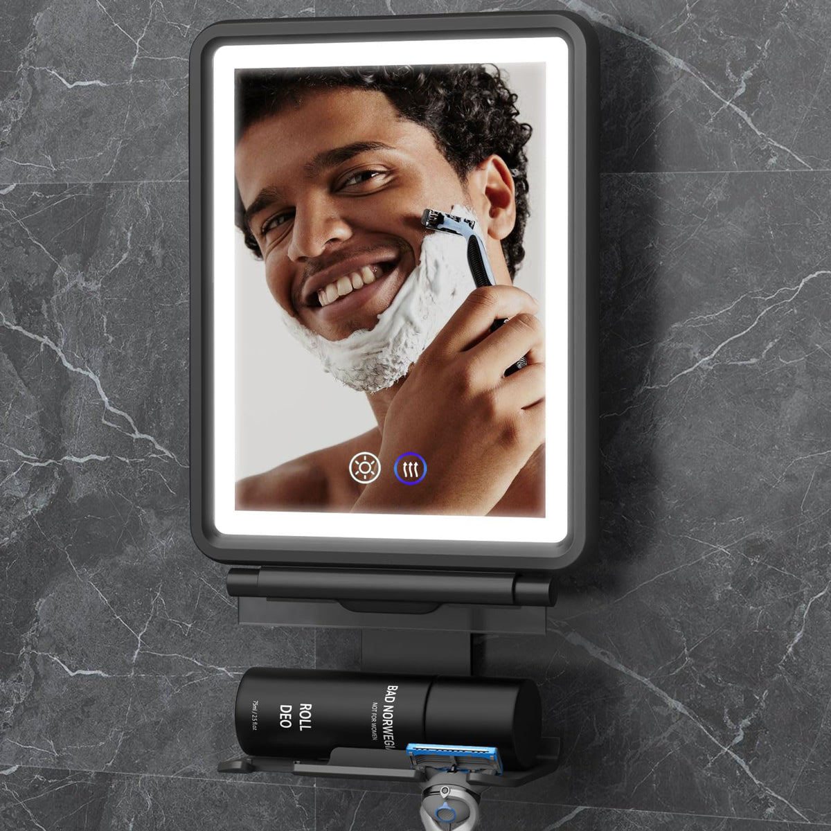 Shinowa front view of fogless mirror showing sleek frame and razor holder benefit clear grooming