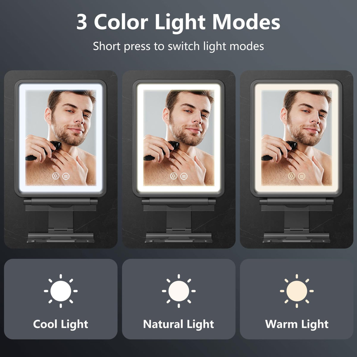 Shinowa mirror displaying cool natural warm lighting modes for accurate color rendering