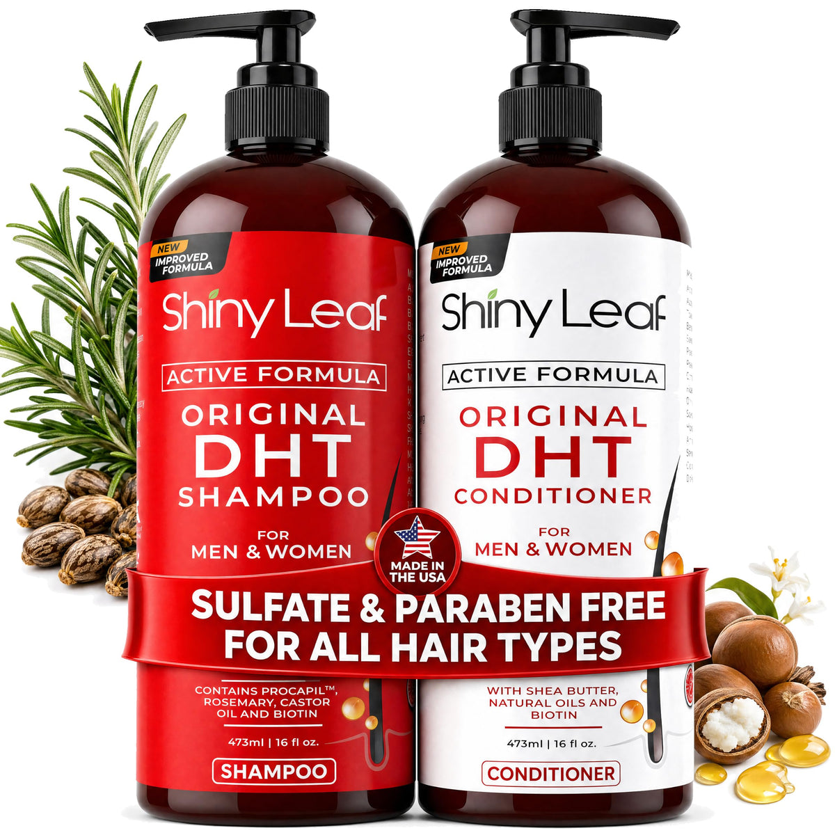 Shiny Leaf front packaging showing shampoo and conditioner, clear product benefit