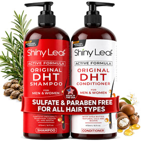 Shiny Leaf front packaging showing shampoo and conditioner, clear product benefit