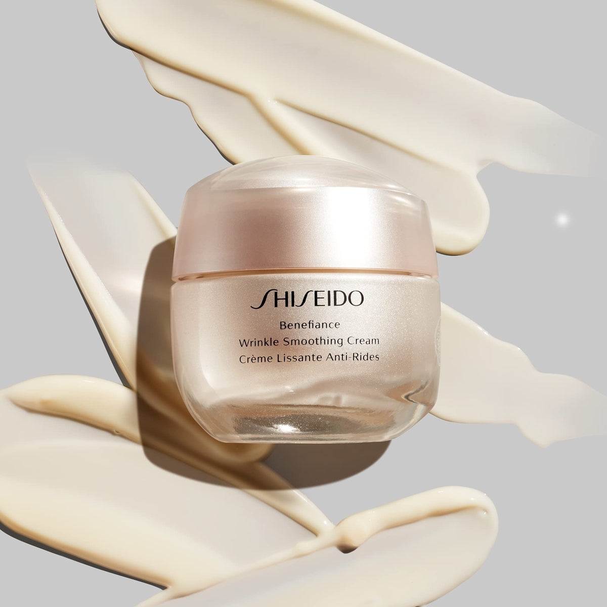 Shiseido Benefiance on bathroom shelf in lifestyle scene suggesting everyday anti-aging ritual