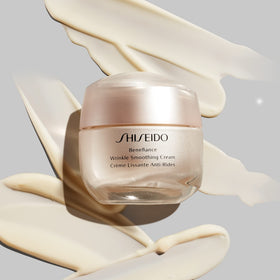 Shiseido Benefiance on bathroom shelf in lifestyle scene suggesting everyday anti-aging ritual