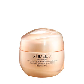 Shiseido jar front view showing Benefiance Overnight Cream, elegant packaging and hydration benefit